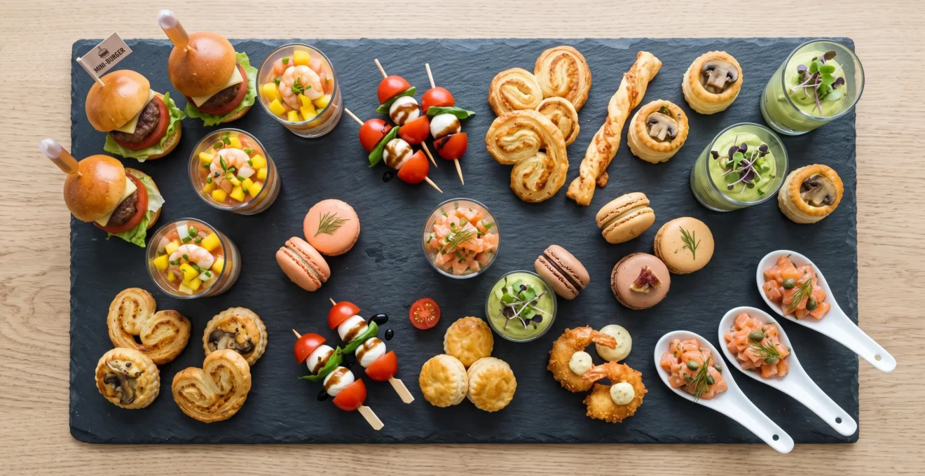 Vue aérienne d'un assortiment varié de pièces cocktail (mini-burgers, verrines, brochettes, petits fours) disposées sur plateau ardoise ou marbre