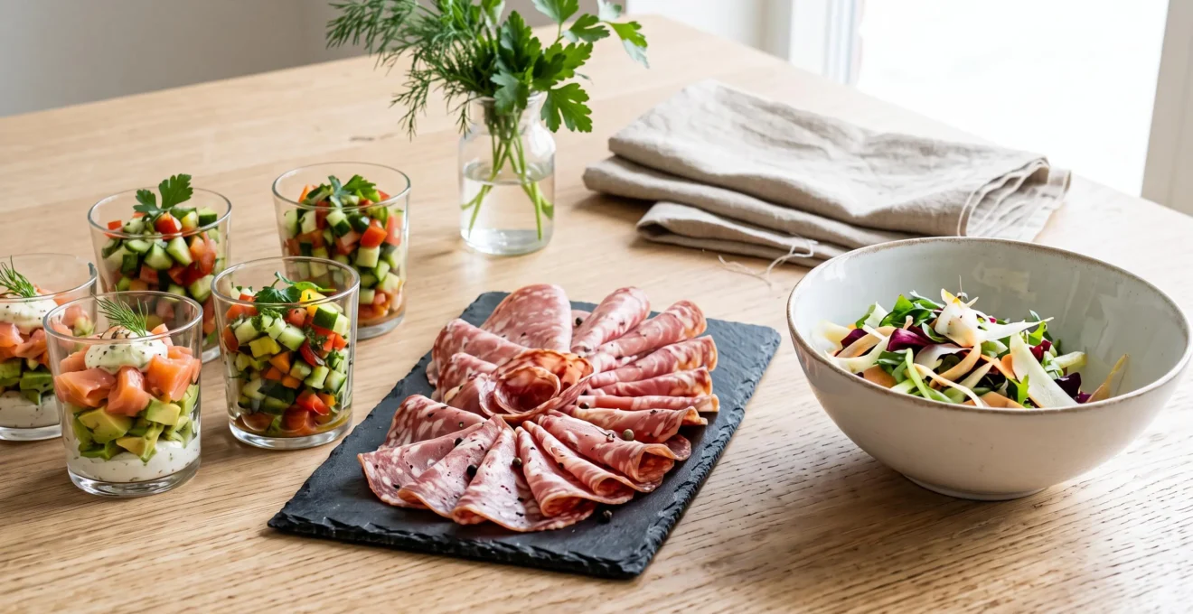 Buffet froid avec verrines colorées, plateau ardoise de charcuterie et salade fraîche sur table bois clair, mise en valeur par lumière naturelle