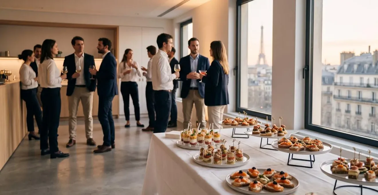 Buffet traiteur élégant avec finger food et verrines lors d'un cocktail dînatoire d'entreprise dans un espace événementiel moderne à Paris, professionnels en networking en arrière-plan