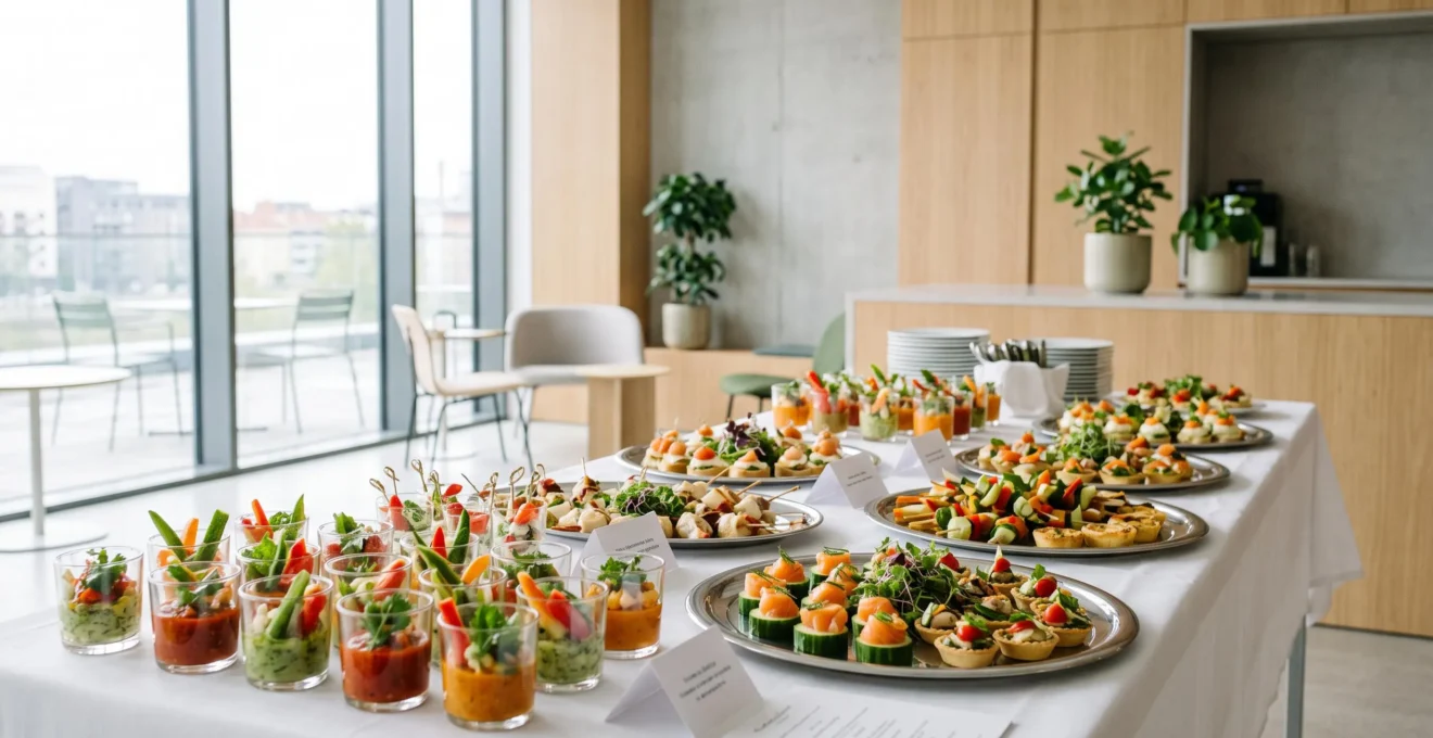 Buffet traiteur professionnel dressé sur table blanche avec verrines colorées, plateaux de petits fours et canapés dans espace réception d'entreprise lumineux aux baies vitrées