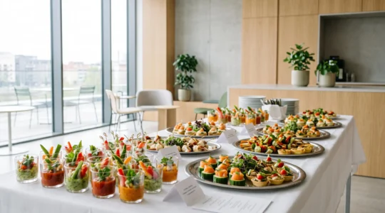 Buffet traiteur professionnel dressé sur table blanche avec verrines colorées, plateaux de petits fours et canapés dans espace réception d'entreprise lumineux aux baies vitrées