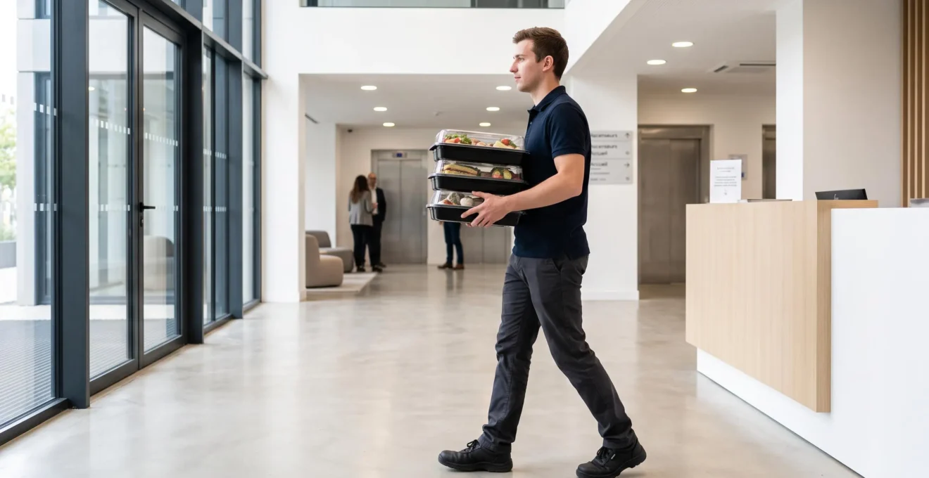 Livreur professionnel transportant plateaux de buffet traiteur dans contenants noirs empilés, dans hall d'immeuble de bureaux contemporain