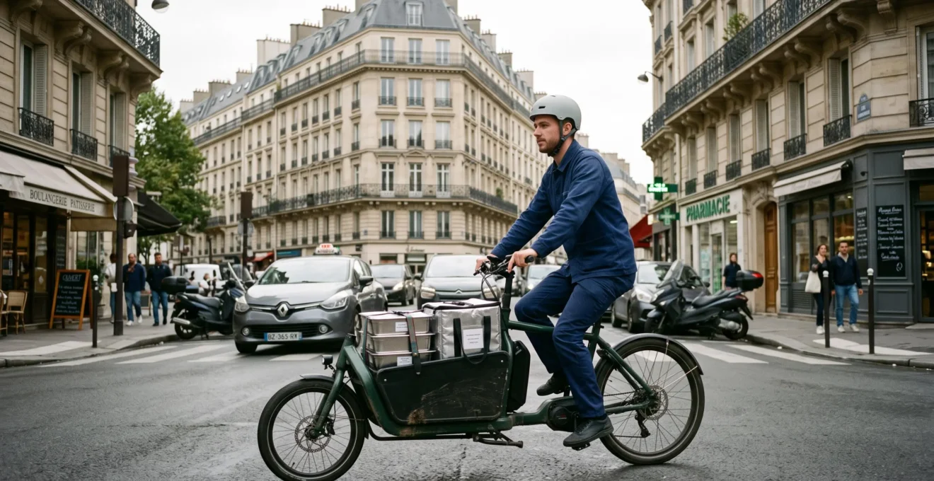 Livreur sur vélo-cargo électrique transportant des contenants traiteur dans une rue parisienne avec immeubles haussmanniens en arrière-plan