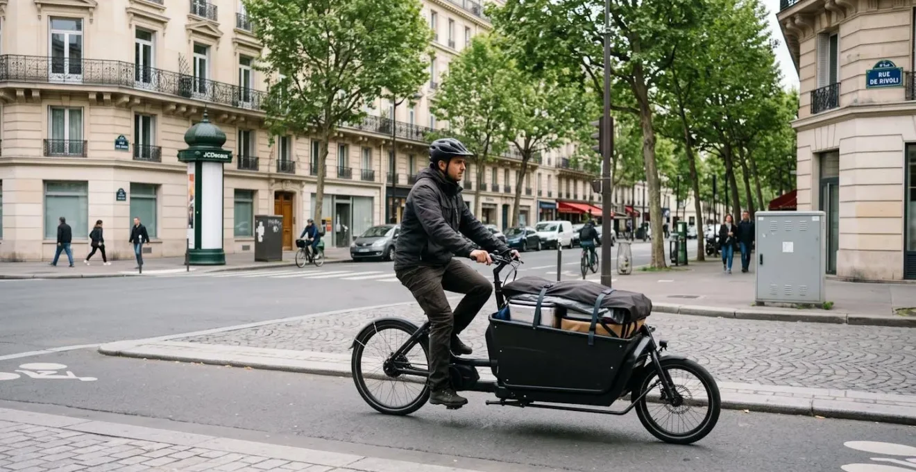 Livreur sur vélo-cargo électrique transportant des contenants traiteur dans une rue parisienne avec immeubles haussmanniens en arrière-plan