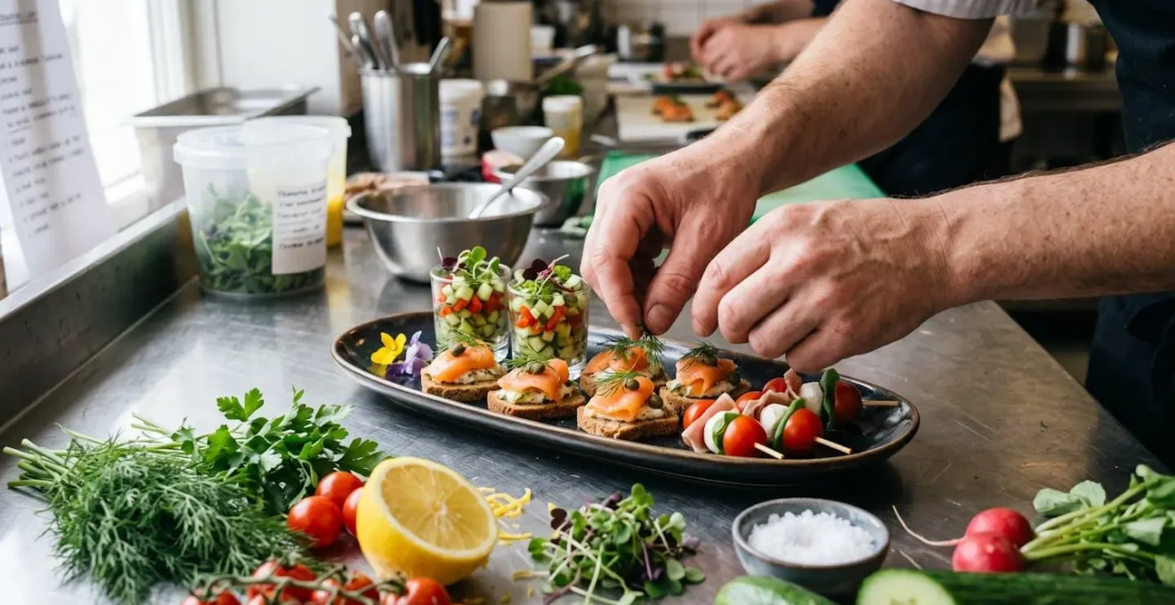 Mains d'un chef préparant des finger food gastronomiques sur un plan de travail professionnel avec ingrédients frais et herbes aromatiques au premier plan