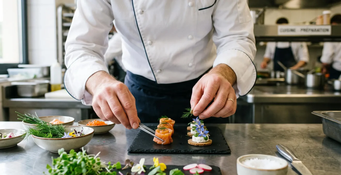 Mains d'un chef préparant des finger food gastronomiques sur un plan de travail professionnel avec ingrédients frais et herbes aromatiques au premier plan