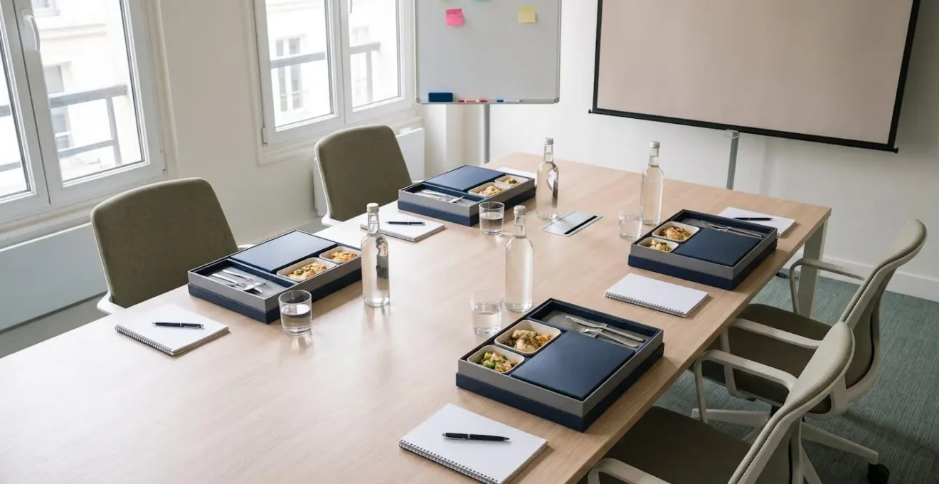 Quatre plateaux-repas individuels disposés sur une table de réunion moderne lors d'un séminaire d'entreprise avec carnets de notes et bouteilles d'eau