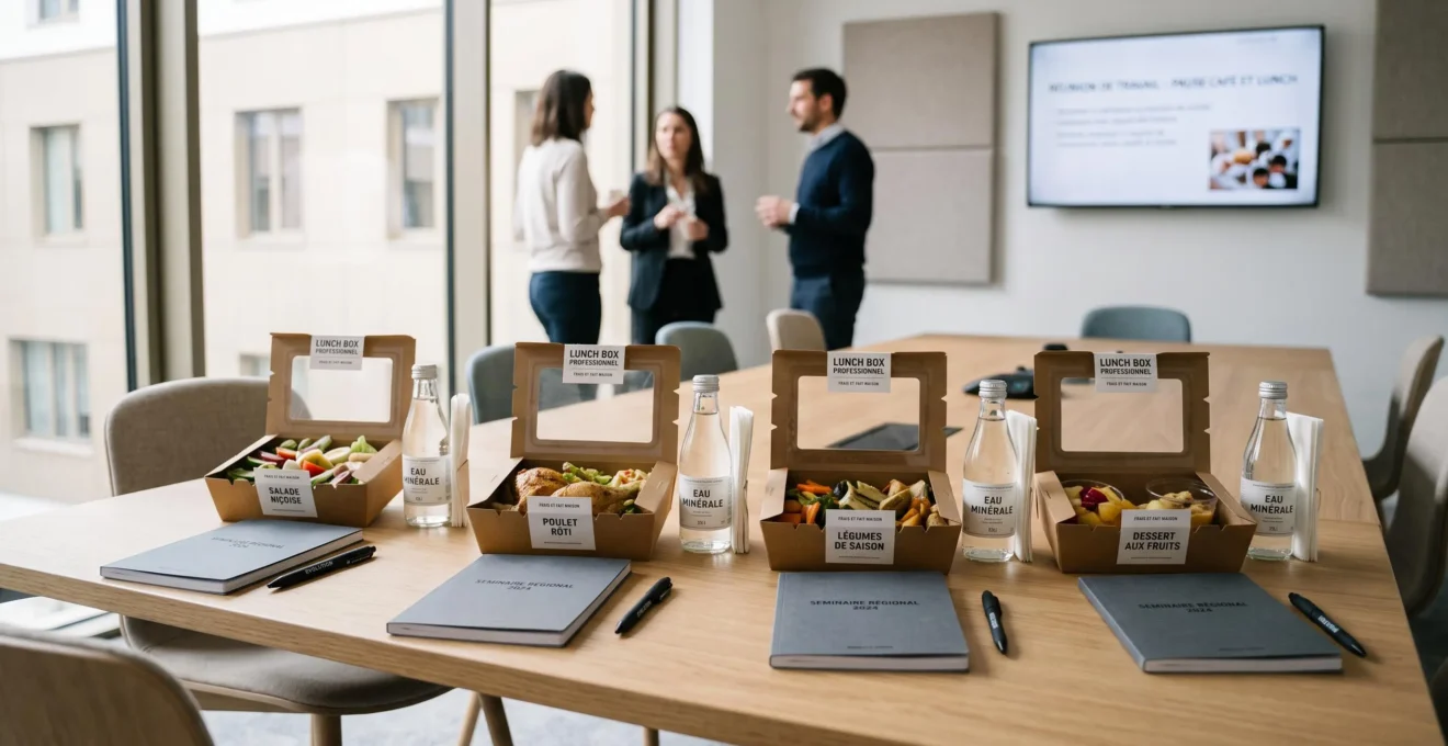 Quatre plateaux-repas individuels disposés sur une table de réunion moderne lors d'un séminaire d'entreprise avec carnets de notes et bouteilles d'eau