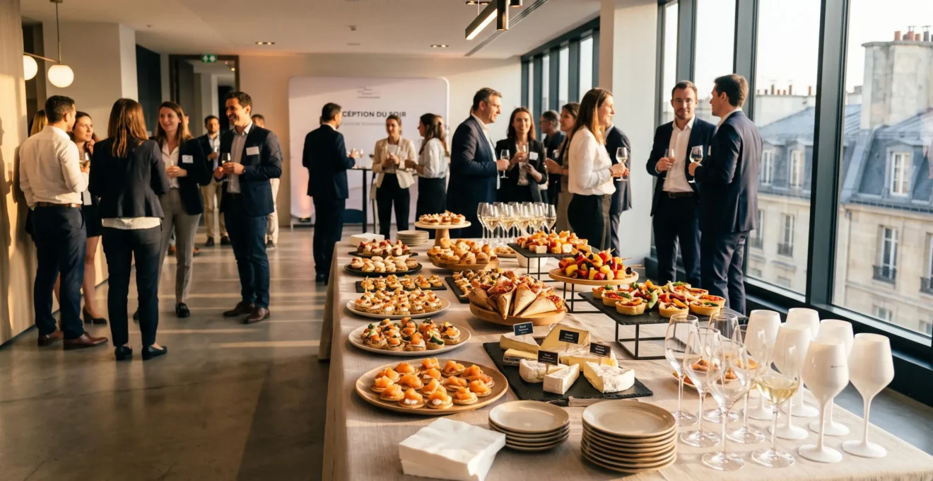 Table de buffet élégante avec plateaux finger food gastronomiques lors d'un cocktail dînatoire d'entreprise avec professionnels en arrière-plan échangeant dans un espace événementiel parisien moderne