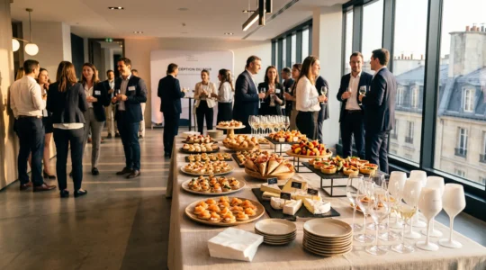 Table de buffet élégante avec plateaux finger food gastronomiques lors d'un cocktail dînatoire d'entreprise avec professionnels en arrière-plan échangeant dans un espace événementiel parisien moderne